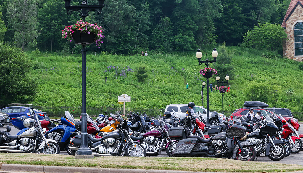 The Shrine's parking lot plumed full of motorcycles.