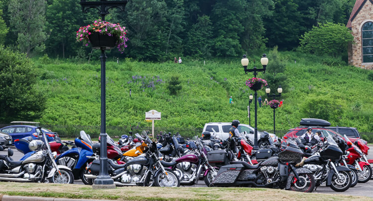 The Shrine's parking lot plumed full of motorcycles.