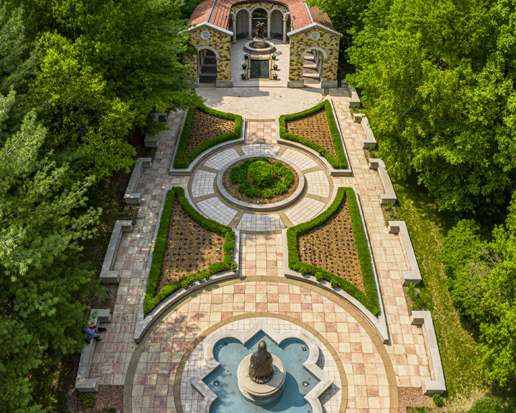 Aerial image of the grounds of the Memorial to the Unborn at The Shrine of Our Lady of Guadalupe in La Crosse, Wisconsin.