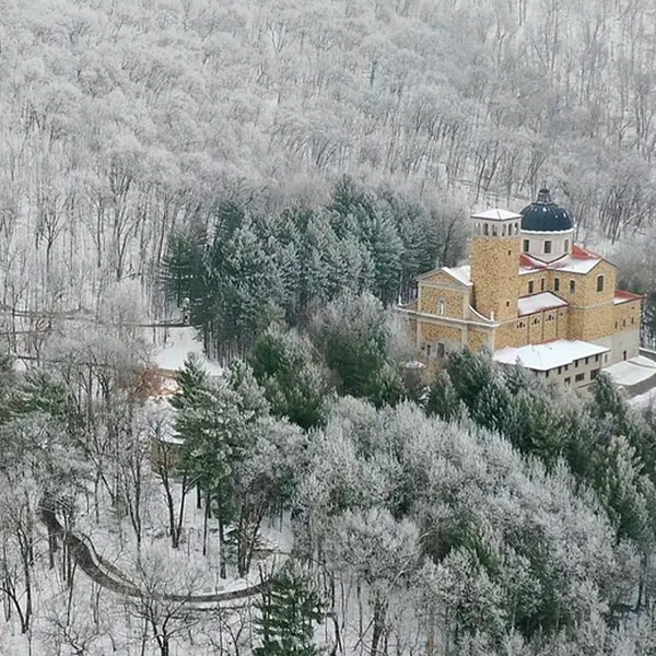 Snow covering the grounds of Our Lady of Guadalupe Shrine in La Crosse, Wisconsin.