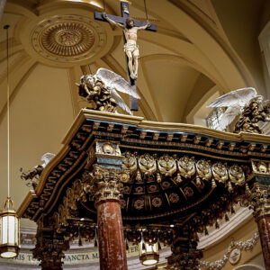 Statue of Jesus on the cross in the church of Our Lady of Guadalupe Shrine in La Crosse, Wisconsin.