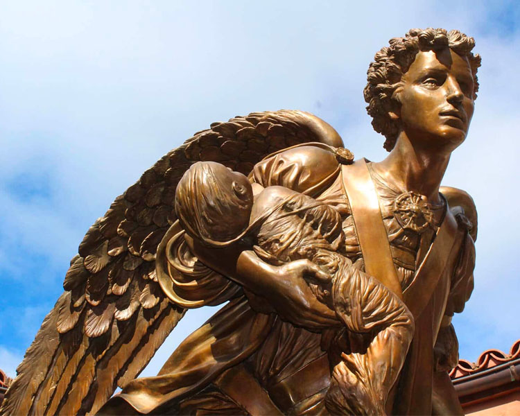 Close up of the statue of the Angel carrying a baby at the Memorial to the Unborn at The Shrine of Our Lady of Guadalupe in La Crosse, Wisconsin.