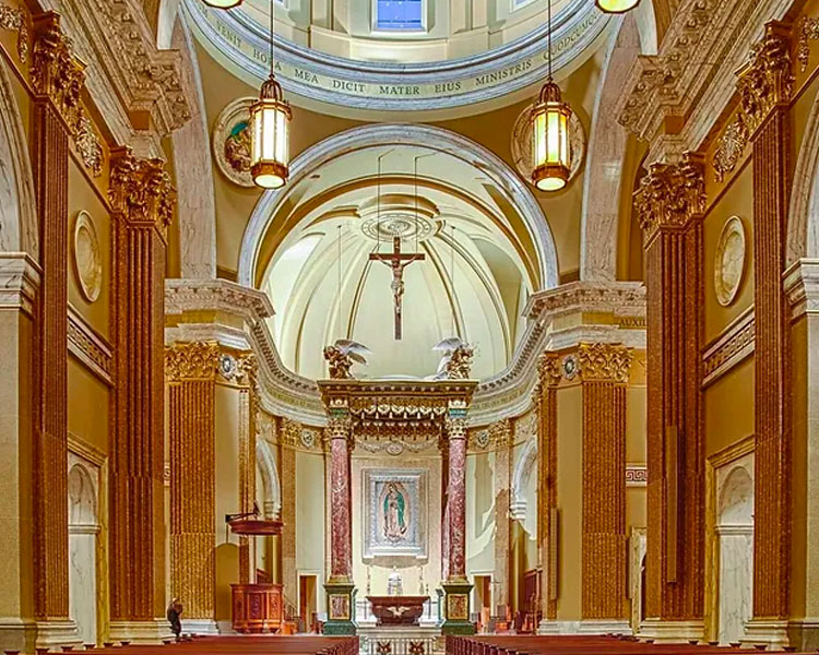 The altar and ceiling of the church at Our Lady of Guadalupe Shrine in La Crosse, Wisconsin.