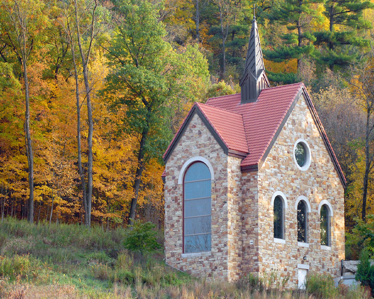 Votive Candle Chapel in Autumn at Our Lady of Guadalupe Shrine in La Crosse, Wisconsin.