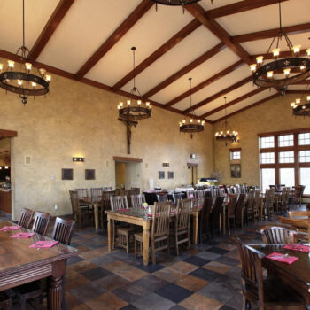 Tables at the Culina Mariana Cafe at Our Lady of Guadalupe Shrine in La Crosse, Wisconsin.