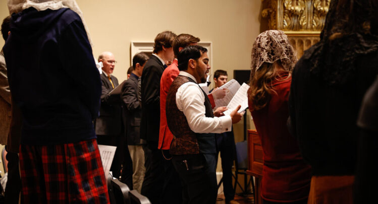 Chorus members sing a Gregorian Chant at Our Lady of Guadalupe Shrine in La Crosse, Wisconsin.