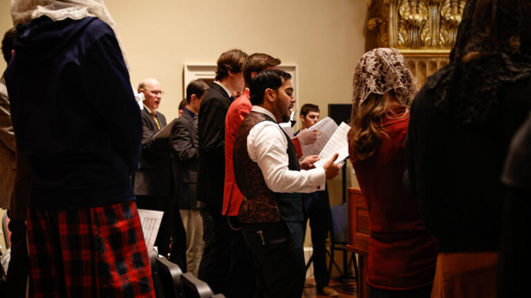 Chorus members sing a Gregorian Chant at Our Lady of Guadalupe Shrine in La Crosse, Wisconsin.