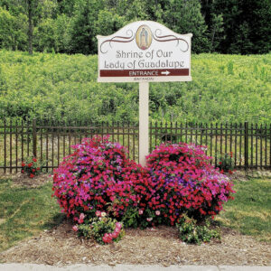 Entrance sign to Our Lady of Guadalupe Shrine in La Crosse, Wisconsin.