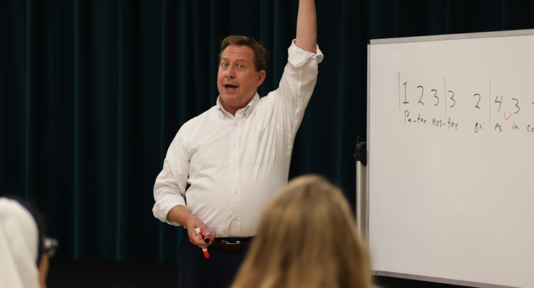 Director of Sacred Music, Scott Turkington, teaching a music class at Our Lady of Guadalupe Shrine in La Crosse, Wisconsin.