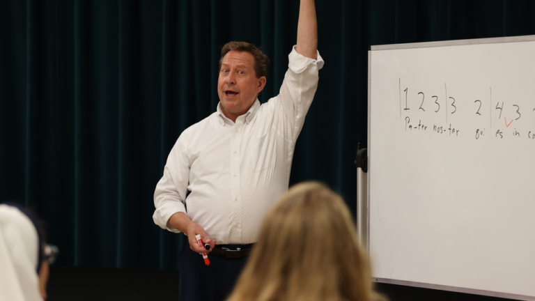 Director of Sacred Music, Scott Turkington, teaching a music class at Our Lady of Guadalupe Shrine in La Crosse, Wisconsin.