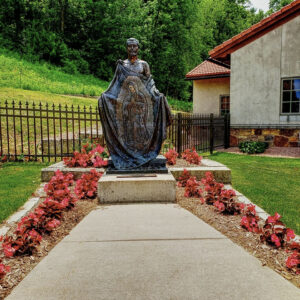 Statue depicting Mary appearing on Juan Diego's cloak at Our Lady of Guadalupe Shrine in La Crosse, Wisconsin.