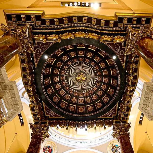 Ornate ceiling design inside the church of Our Lady of Guadalupe Shrine in La Crosse, Wisconsin.