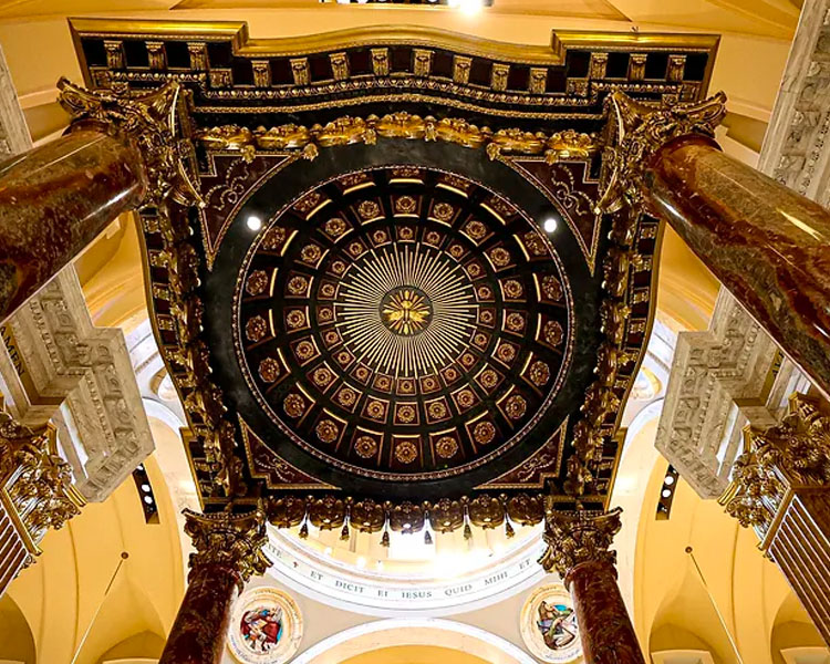 Ornate ceiling decoration at Our Lady of Guadalupe Shrine in La Crosse, Wisconsin.