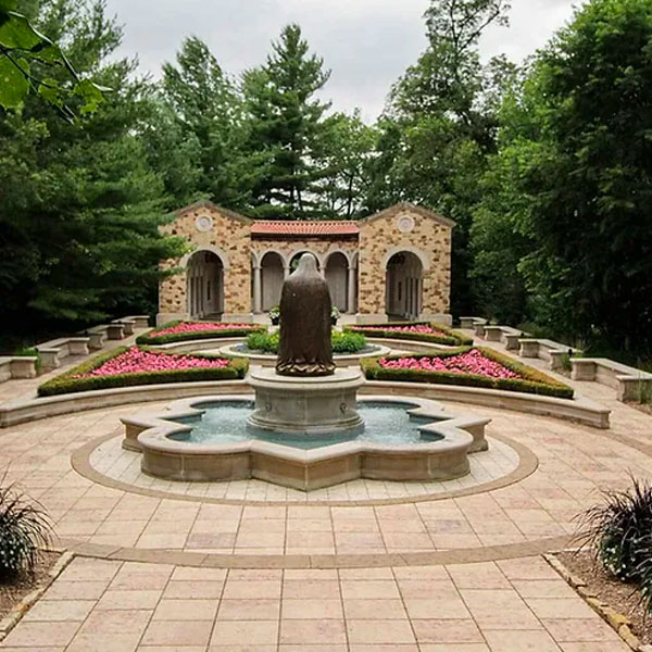 Statue and fountain of Lady Guadalupe overlooking the Memorial to the Unborn at Our Lady of Guadalupe Shrine in La Crosse, Wisconsin.