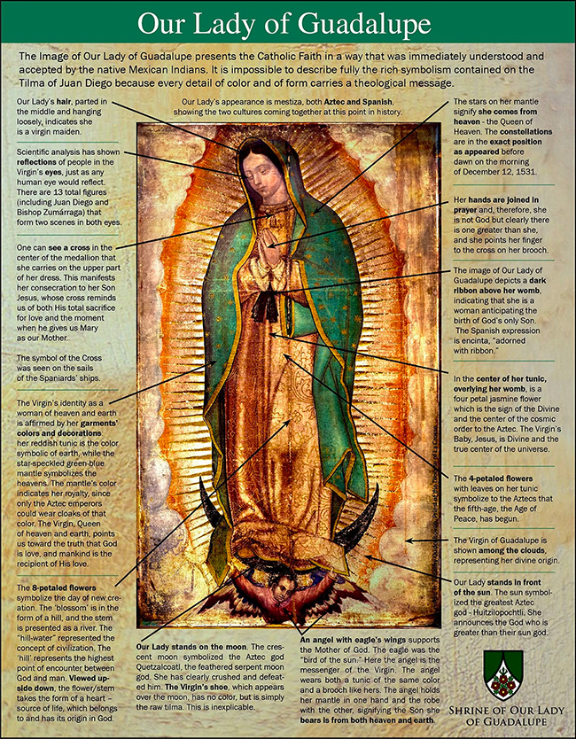 English infographic of the image of Lady Guadalupe by Our Lady of Guadalupe Shrine in La Crosse, Wisconsin.