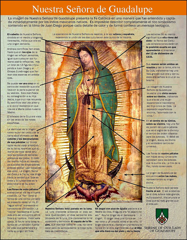 Spanish infographic of the image of Lady Guadalupe by Our Lady of Guadalupe Shrine in La Crosse, Wisconsin.