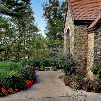 Walkway path leading to the votive candle chapel at Our Lady of Guadalupe Shrine in La Crosse, Wisconsin.