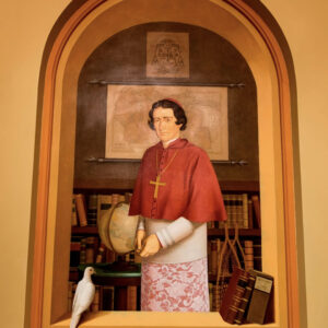 Painting of a man wearing a cross with a dove bird in front of a map of Wisconsin at Our Lady of Guadalupe Shrine in La Crosse, Wisconsin.