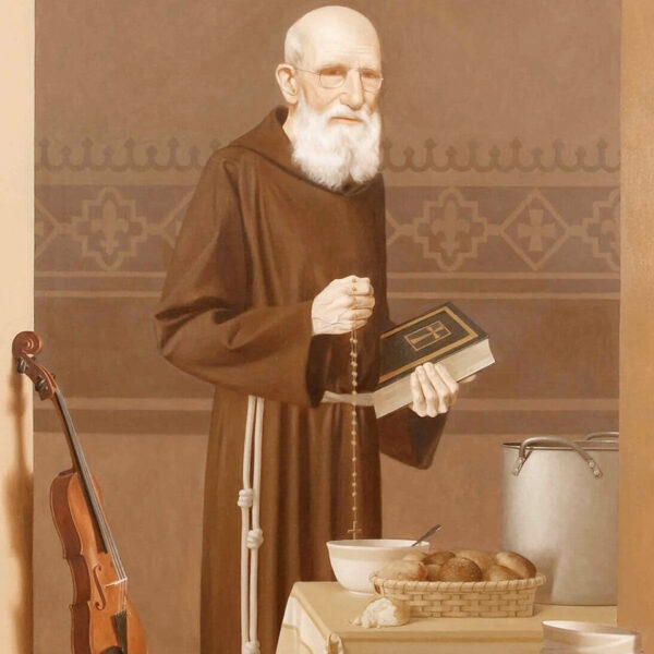 Painting of a priest holding a bible standing next to a cello and above a bowl of soup on the table at Our Lady of Guadalupe Shrine in La Crosse, Wisconsin.