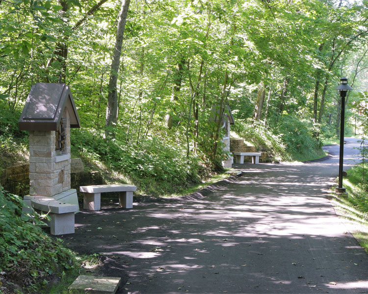 Walkway path through the grounds of Our Lady of Guadalupe Shrine in La Crosse, Wisconsin.