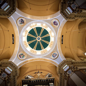 Ornate stained glass ceiling in the church of Our Lady of Guadalupe Shrine in La Crosse, Wisconsin.