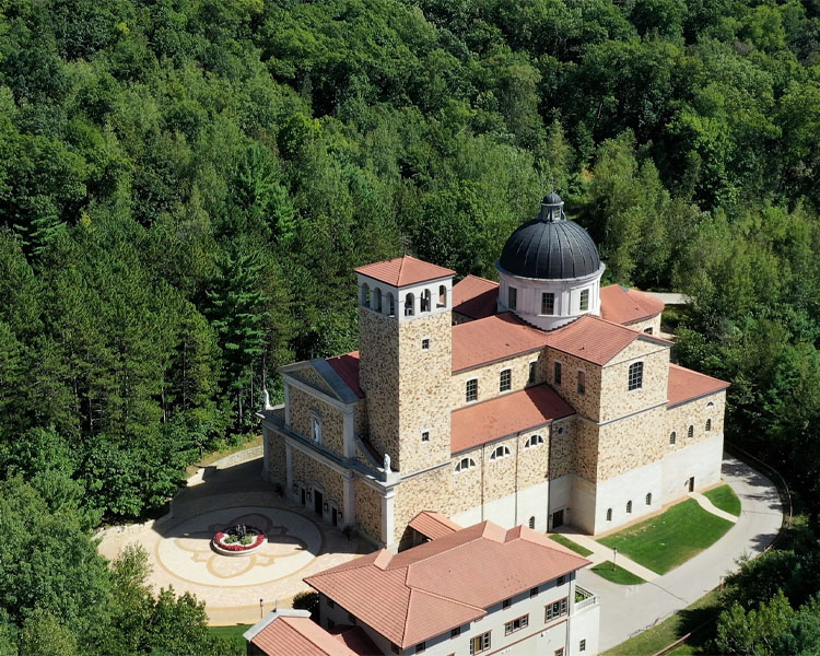 Aerial view of the Church at Our Lady of Guadalupe Shrine in La Crosse, Wisconsin.