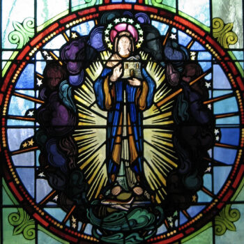 Stained glass window in the votive candle chapel at Our Lady of Guadalupe Shrine in La Crosse, Wisconsin.