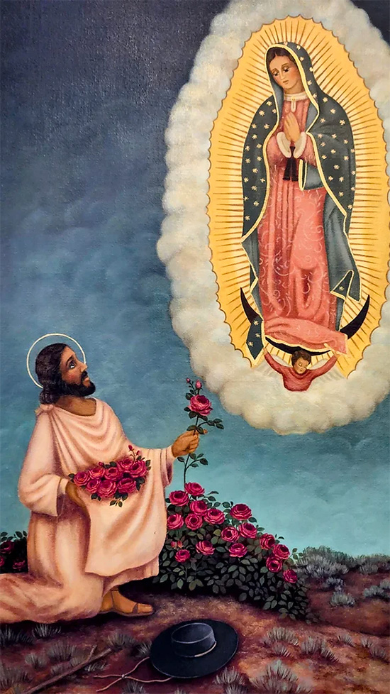 Painting depicting the Virgin Mary appearing before Juan Diego picking roses on Tepeyac Hill in Mexico. Our Lady of Guadalupe Shrine in La Crosse, Wisconsin.