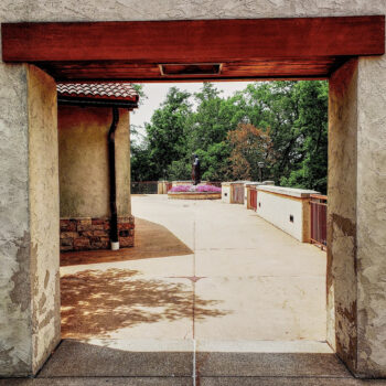 Walkway path leading to the statue of Juan Diego at Our Lady of Guadalupe Shrine in La Crosse, Wisconsin.