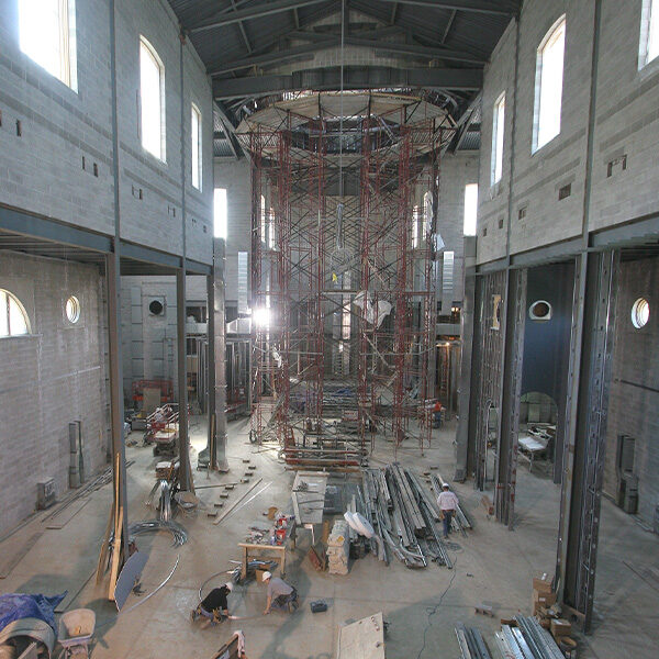 Early construction in the middle of the Shrine Church.