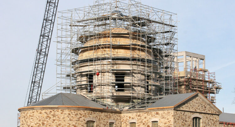 Outside construction on the Shrine Church dome.