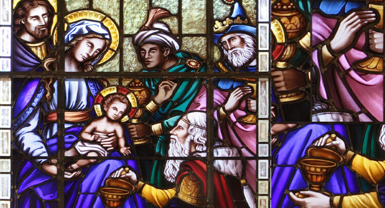 A closeup of the Magi Three Kings stained glass in the Shrine Church.