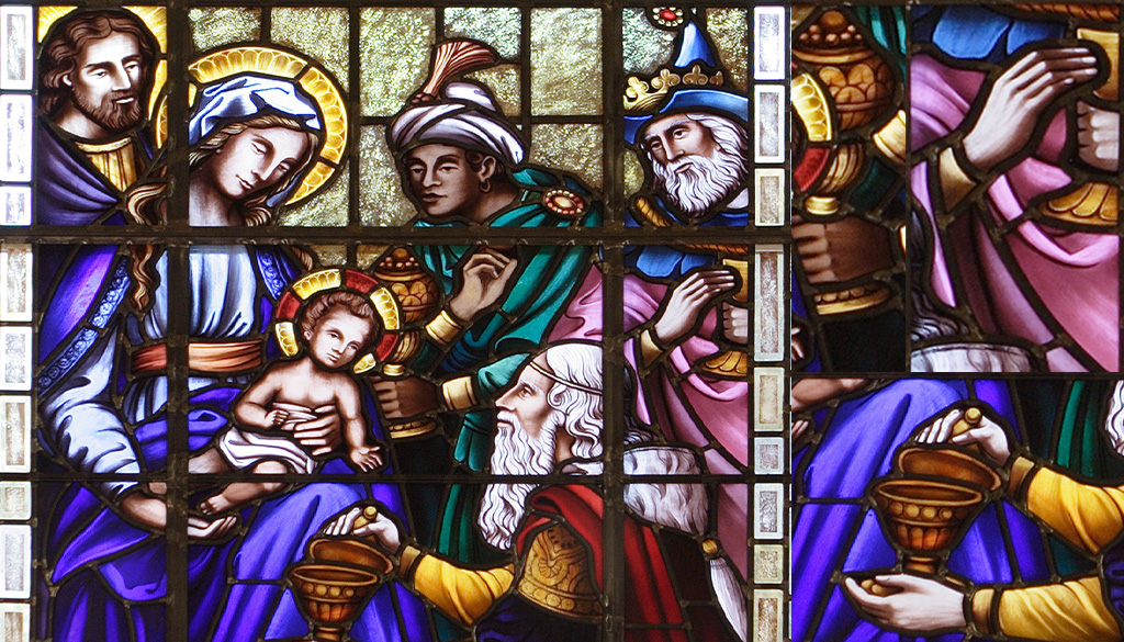 A closeup of the Magi Three Kings stained glass in the Shrine Church.