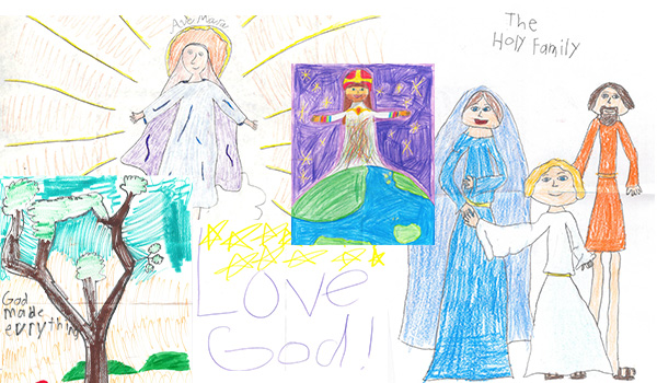 A child's Catholic drawing of the holy family and love for God.