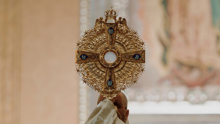 Adoration of Christ's real presence in the Eucharist.