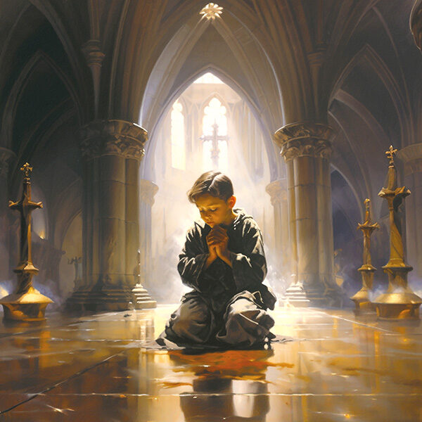 Youth Guild Art praying young boy in a church or temple