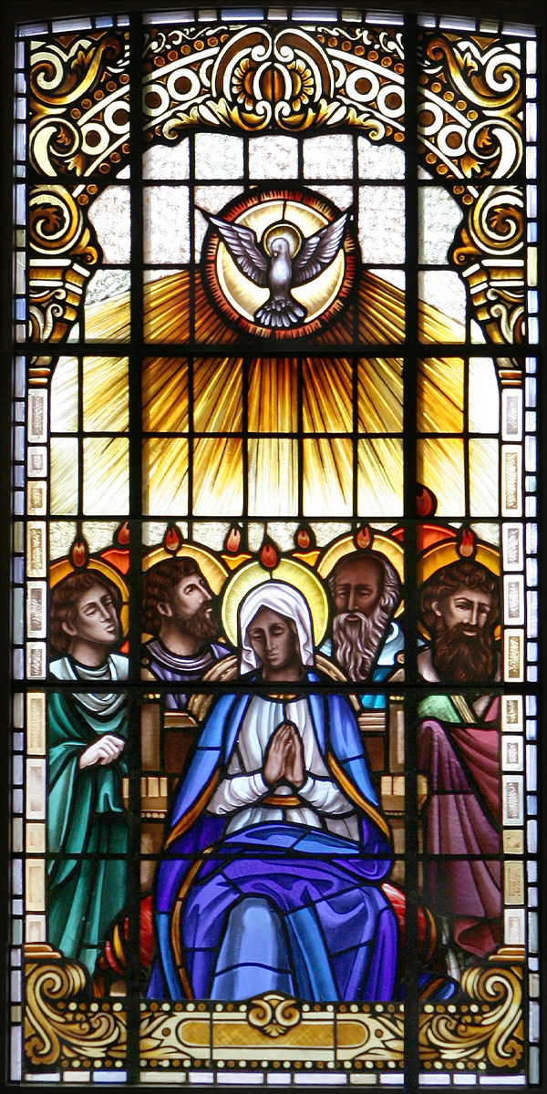 Mary and the Apostles Pentecost Stained Glass with tongues of fire