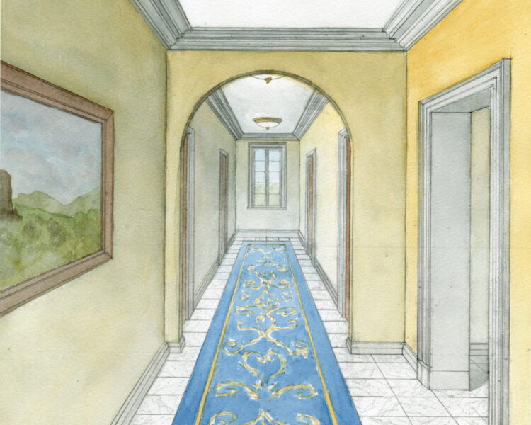 Pilgrim House Plans watercolor - Corridor Perspective