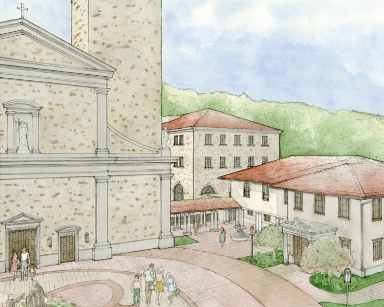 Pilgrim House Plans watercolor - Piazza Perspective