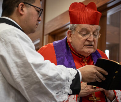 Cardinal Burke praying prayers of exorcism before blessing the Shrine grounds