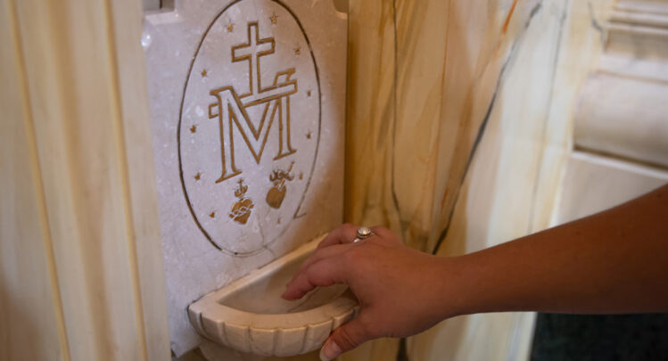 Mounted holy water font at the Shrine of Our Lady of Guadalupe in La Crosse