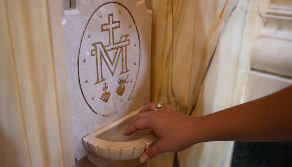 Mounted holy water font at the Shrine of Our Lady of Guadalupe in La Crosse