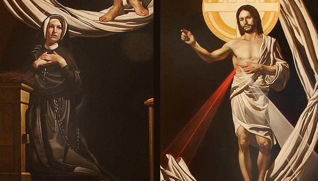 Saint Faustina and Christ with Blood and water pouring out in Divine Mercy