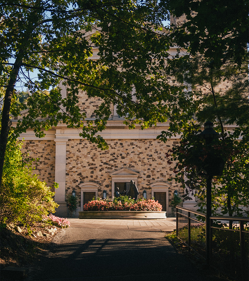 Shrine Church from the pilgrim path through the trees