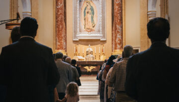 Communion Line at the Guadalupe Shrine facing OLG