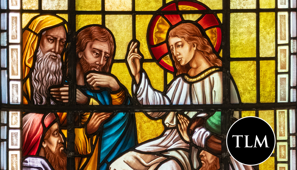 Jesus preaching in the Temple stained glass in the Shrine of Our Lady of Guadalupe