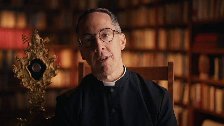 Deacon Chris Kabat discusses the veneration of relics in a video at the Shrine of Our Lady of Guadalupe in La Crosse, Wisconsin, on September 3, 2024.